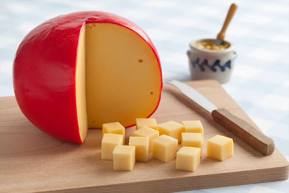 Edam cheese, a hard cheese hailing from the Netherlands, captivates with its unique taste—savory with a hint of sweetness. This article will explore the origin, flavor, and texture of Edam cheese, as well as delve into its uses, benefits. Origin, Flavor, and Texture of Edam Cheese Edam cheese is a type of semi-hard cheese made from pasteurized cow's milk originated in the Netherlands. It is named after the town of Edam in North Holland, where it was originally produced and traded. Edam is known for its distinctive round shape and mild, nutty flavor. Key characteristics of Edam cheese include: Shape: Edam cheese is typically ball-shaped and has a flattened top and bottom. It is often encased in a distinctive, waxed, yellow or red rind, which helps protect the cheese and extend its shelf life. Texture: Edam has a smooth, firm, and slightly elastic texture. The cheese is aged for a relatively short period, contributing to its semi-hard consistency. Flavor: Edam is mild and slightly nutty, making it a versatile cheese that pairs well with a variety of foods. Its flavor profile is not as strong as some other cheeses, making it popular among people who prefer milder cheeses. Color: The interior of Edam cheese is pale yellow, and the waxed rind adds a colorful touch to its appearance. Aging: Edam is typically aged for a few weeks to a few months. Unlike some cheeses that undergo extensive aging, Edam is meant to be consumed relatively young. Uses: Edam cheese is commonly used in sandwiches, salads, and as a table cheese. It can also be melted and used in various dishes, such as sauces and casseroles. Uses and Benefits of Edam Cheese Edam cheese finds its place in various dishes like salads, sandwiches, pizzas, and fondue. Beyond its culinary appeal, Edam cheese brings several health benefits, including: Enhancing bone health Maintaining dental health Boosting the immune system Aiding in weight loss One dish you can make with Edam cheese is "kastangel" (chestnut-shaped cookies). By using Edam cheese, the taste and richness of the cheese will enhance the flavor of your kastangel, making it even more delicious! If you want to try to make food using cheese we provide several food recipes.. Our recipes are simple and easy so you should want to try and give it a shot. Edam cheese is not just any cheese; it is a rich culinary experience with both flavor and benefits. With its diverse offerings, this cheese brings advantages to the body. For maximum benefits, it is recommended to consume Edam cheese in moderate amounts.